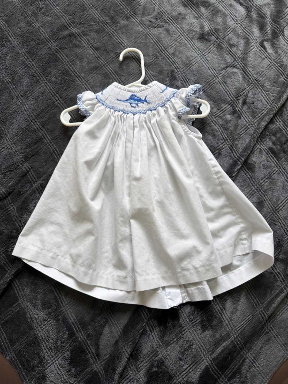 White Smocked Baby Dress with Blue Trim